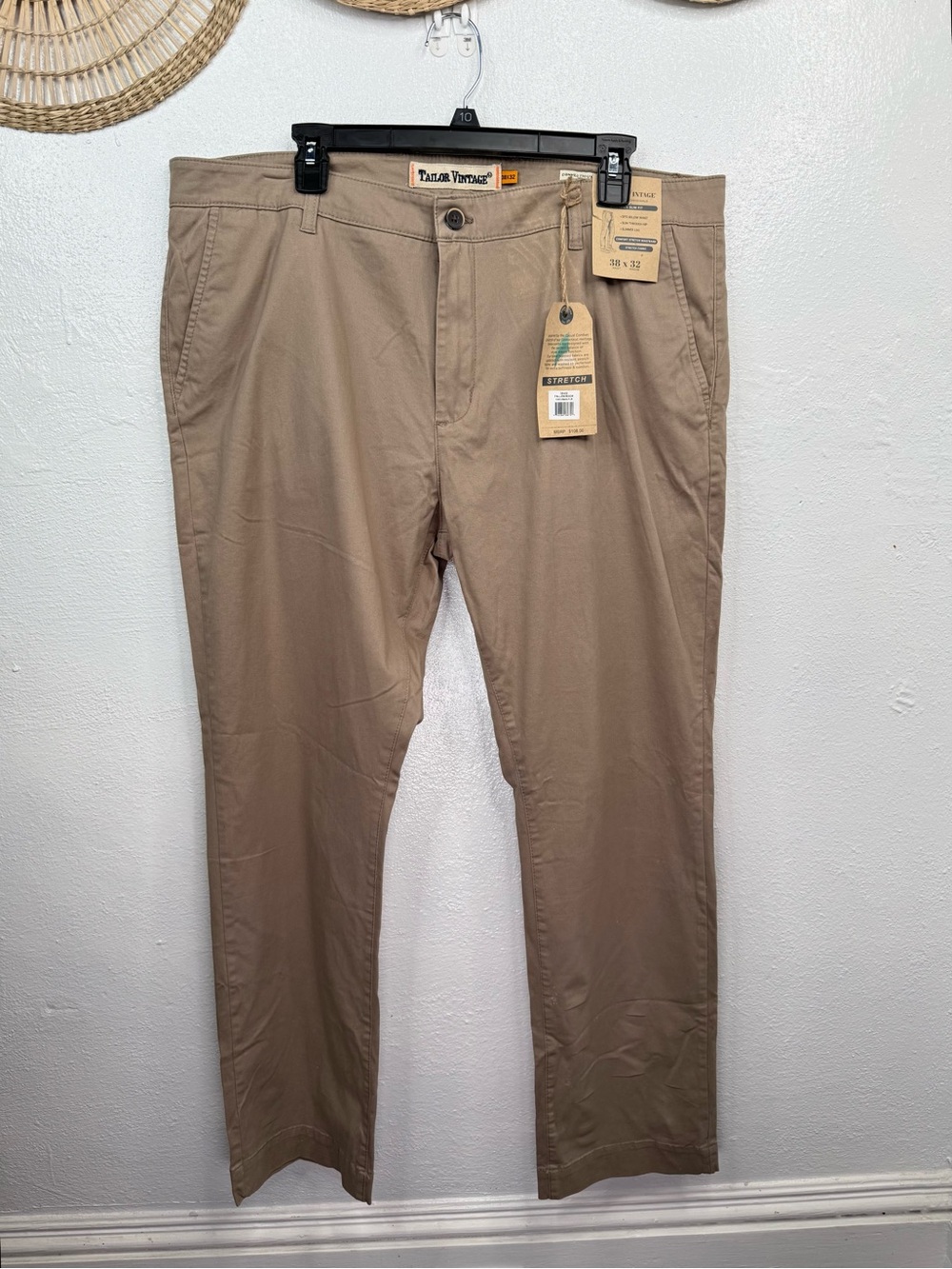 Tailor Vintage Chino Pants Mens 38x32 Beige Slim Fit Stretch Flat Front FLAW